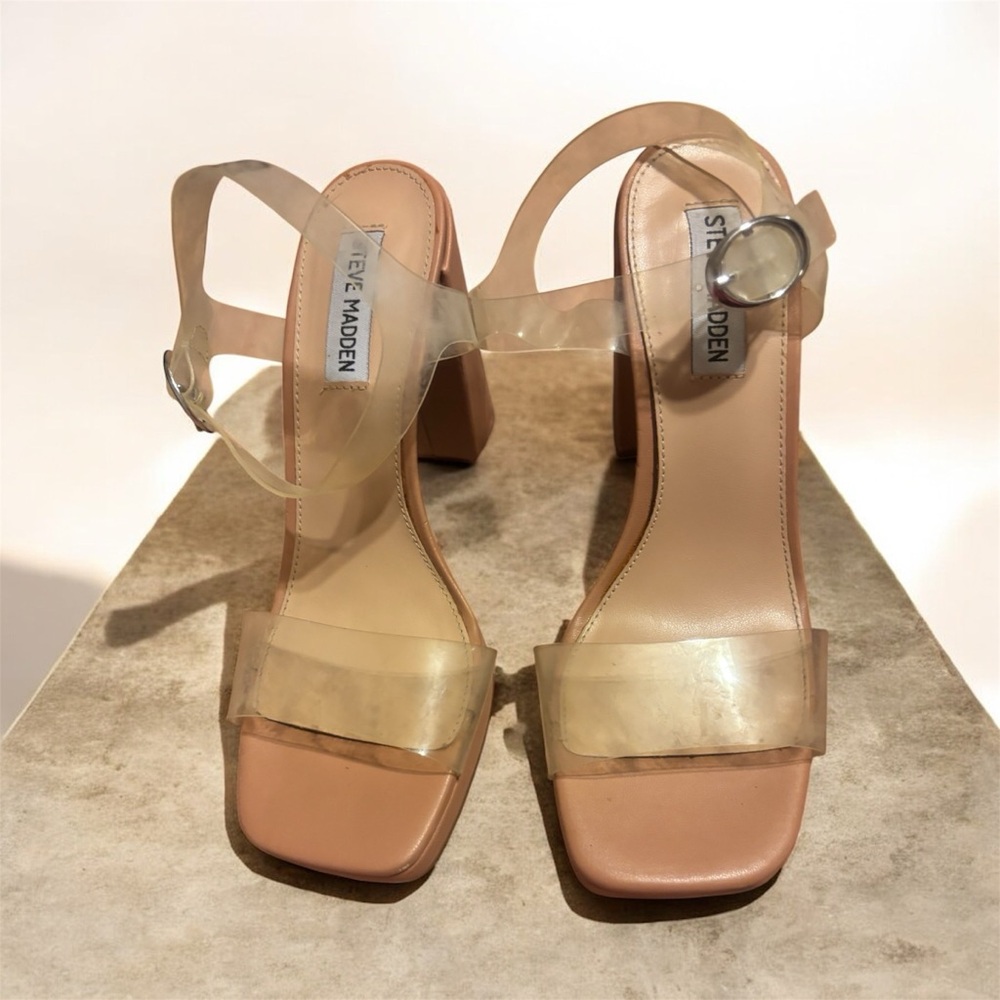 Steve Madden Clear and Tan Block Heels